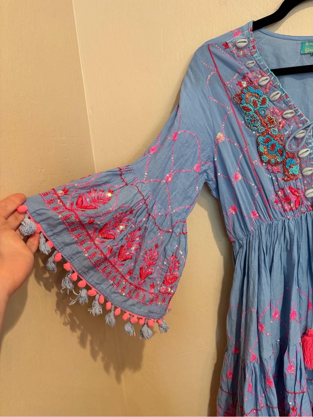 Beautiful Mid-Summer Ocean Blue Mini Dress, w/ Neon Pink Sequins and Seashells - Picture 7 of 11